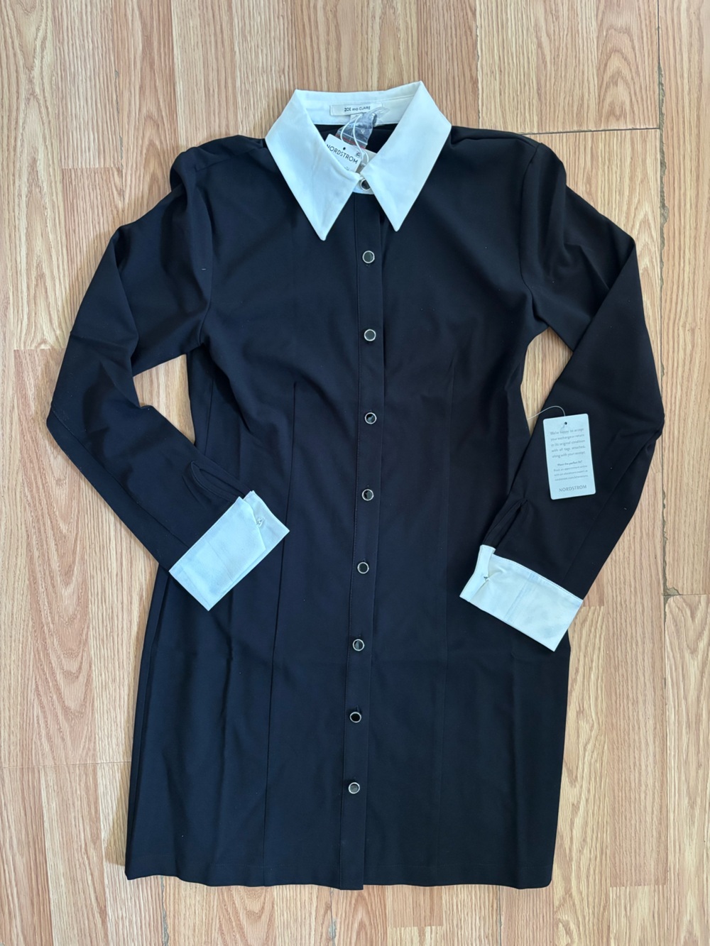 NWT Zoe and Claire Black Long-Sleeve Button Dress with White Collar and Cuffs